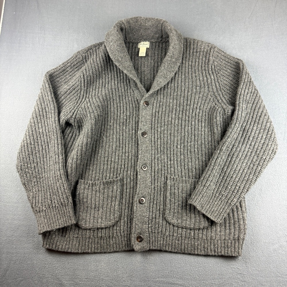 LL Bean Ragg Cardigan Men's 2XL Gray Lambswool Shawl Collar Ribbed Knit Sweater